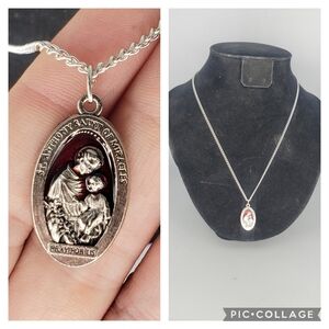 St. Anthony Red Enamel Silvertone Medallion Necklace